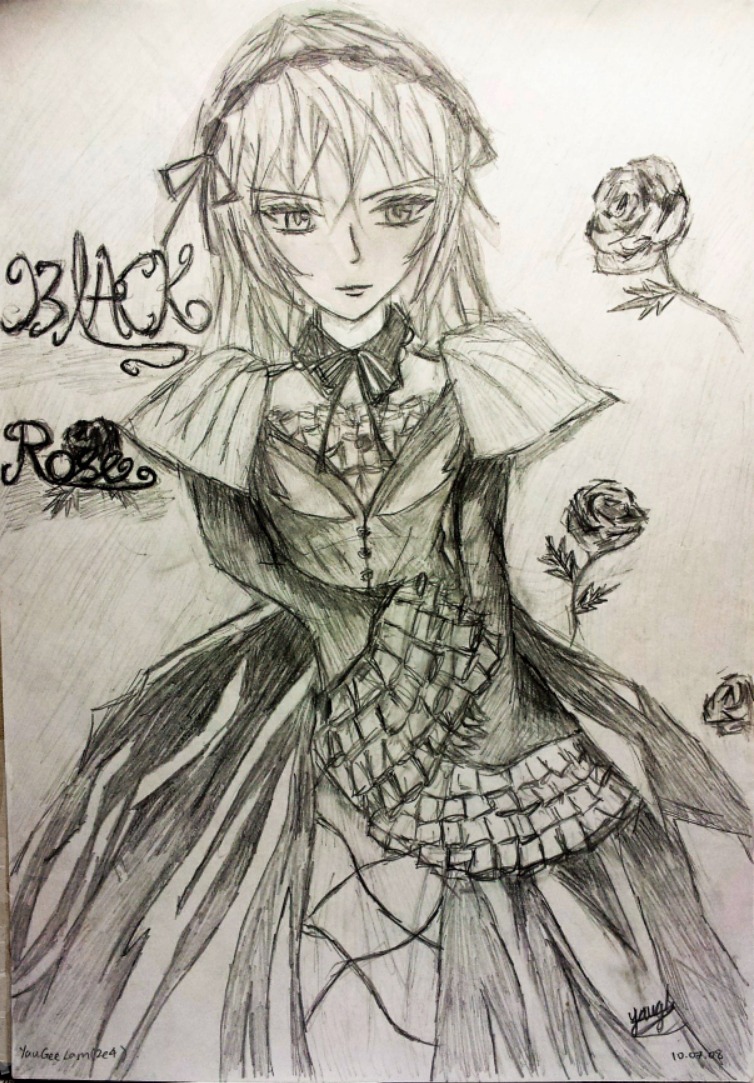 1girl dress flower greyscale hairband image long_hair long_sleeves looking_at_viewer monochrome rose solo suigintou traditional_media very_long_hair