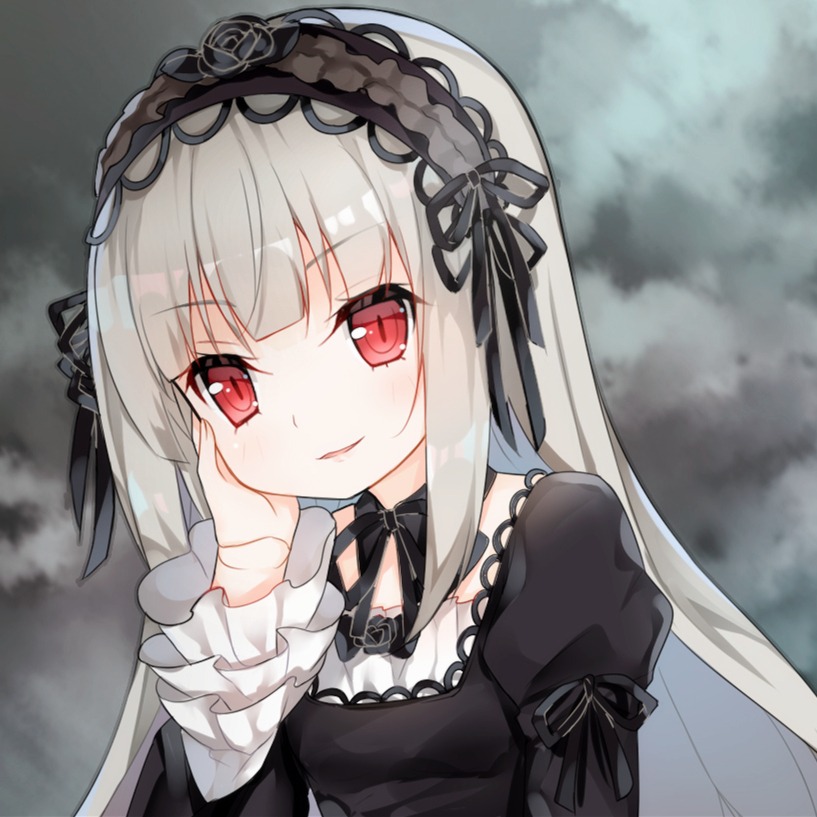 1girl bad_id bad_pixiv_id bangs black_dress black_ribbon blunt_bangs blush cloud cloudy_sky commentary_request detached_collar doll_joints dress eyebrows_visible_through_hair frilled_sleeves frills gothic_lolita grey_hair hairband hand_on_own_cheek hand_on_own_face head_tilt image joints juliet_sleeves lolita_fashion lolita_hairband long_hair long_sleeves looking_at_viewer parted_lips puffy_sleeves red_eyes ribbon rose rozen_maiden silver_hair sky slit_pupils smile solo suigintou tengxiang_lingnai tsurime upper_body