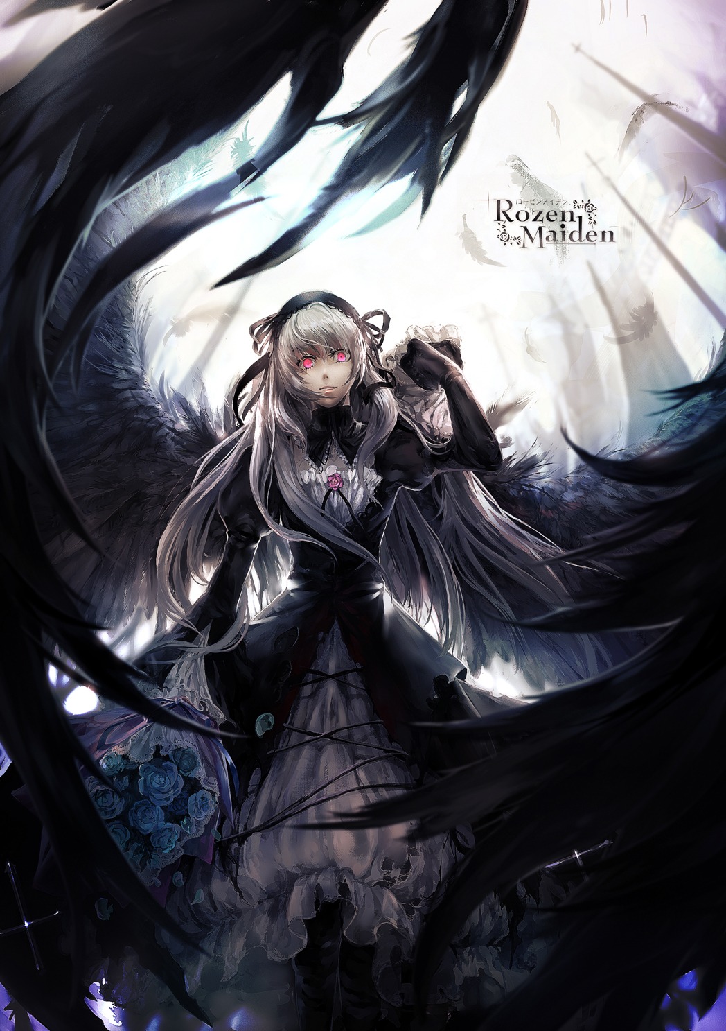1girl bad_id bad_pixiv_id black_wings bouquet dress feathered_wings feathers flower frills gothic_lolita hairband highres image kzcjimmy lolita_fashion long_hair long_sleeves looking_at_viewer photoshop_(medium) pink_eyes red_eyes ribbon rose rozen_maiden silver_hair solo suigintou very_long_hair wings