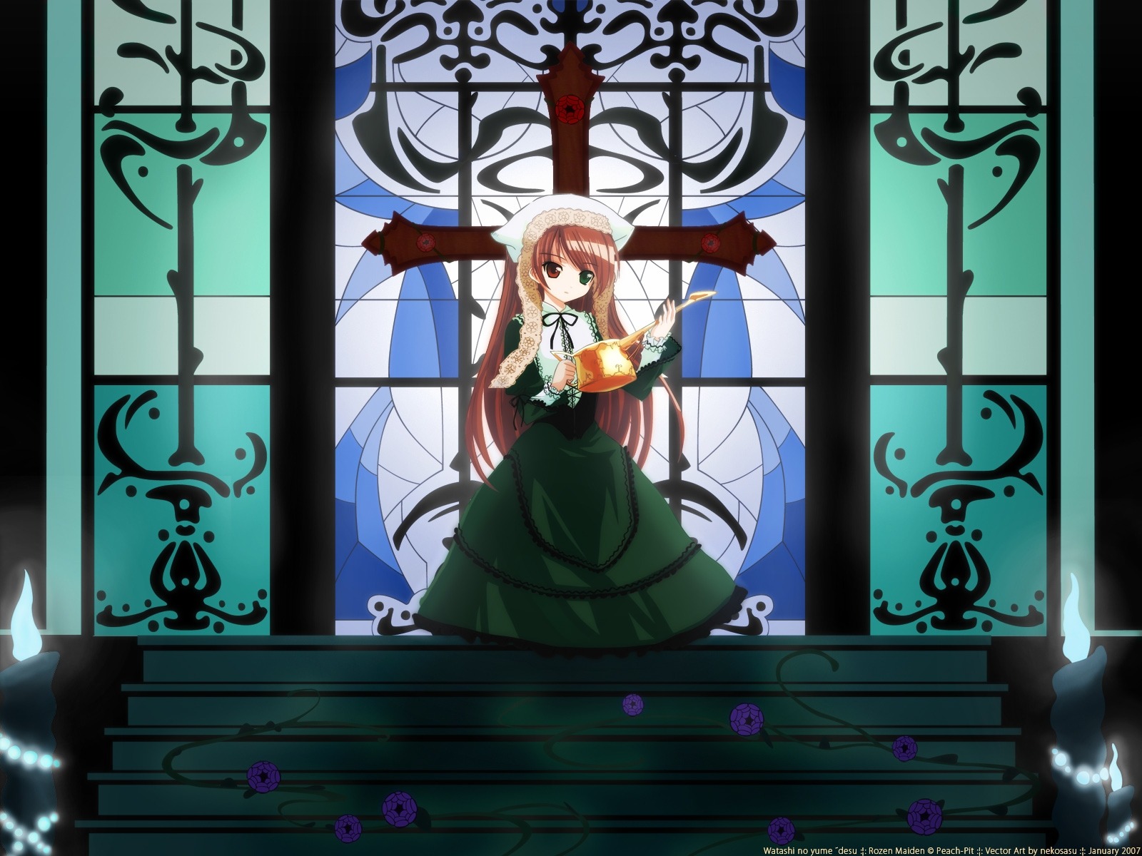1girl artist_request brown_hair candle church cross dress flower green_dress hat heterochromia highres image long_hair long_sleeves looking_at_viewer photoshop_(medium) red_eyes rozen_maiden solo stairs suiseiseki very_long_hair watering_can