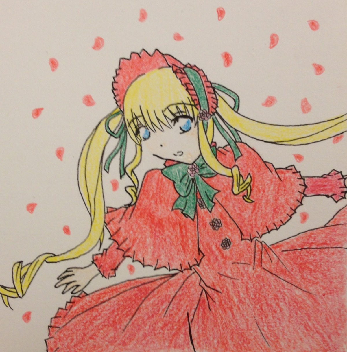 1girl auto_tagged blonde_hair blue_eyes bow bowtie capelet cowboy_shot dress green_bow green_neckwear image long_hair long_sleeves looking_at_viewer petals red_capelet red_dress rose_petals shinku sidelocks solo twintails