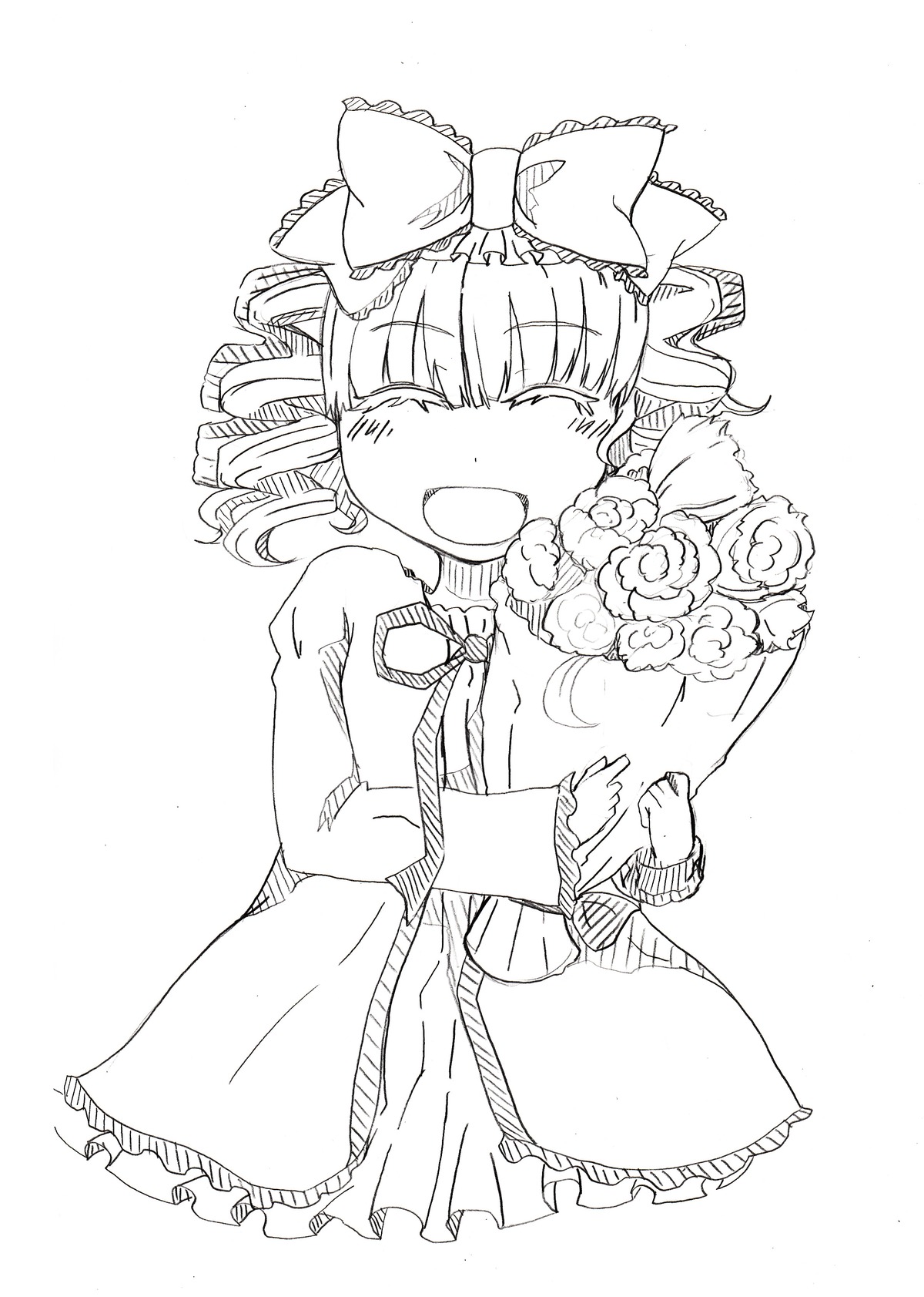 1girl blush bouquet bow closed_eyes dress drill_hair flower greyscale hair_bow hinaichigo holding_bouquet image monochrome open_mouth rose smile solo