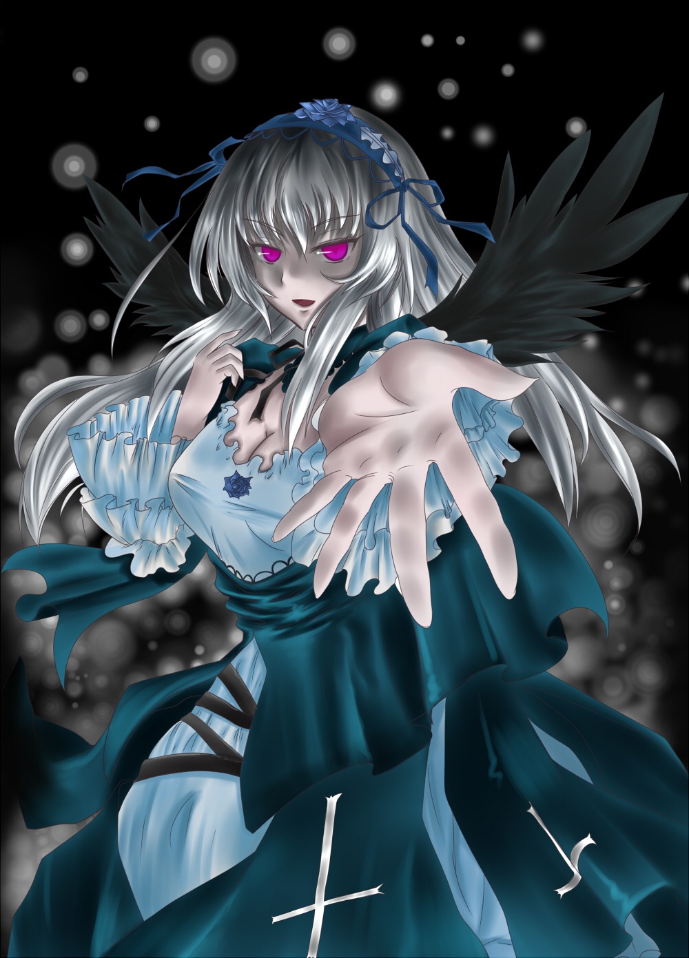 1girl bad_id bad_pixiv_id black_wings blue_flower blue_rose breasts choker cleavage dress flower frills gothic_lolita hairband highres hikaru_no_yuska image large_breasts lolita_fashion long_hair long_sleeves looking_at_viewer open_mouth outstretched_arm outstretched_hand pink_eyes purple_eyes reaching ribbon rose rozen_maiden silver_hair solo suigintou wings