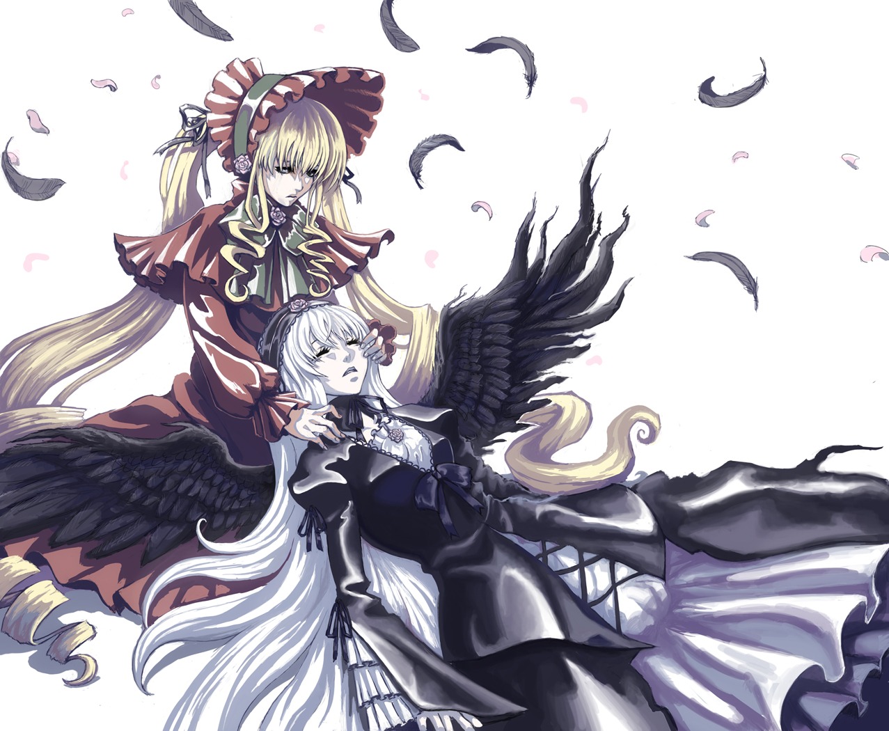 2girls angel_wings black_feathers black_wings blonde_hair bonnet capelet closed_eyes drawfag dress drill_hair feathered_wings feathers frills image long_hair long_sleeves lying multiple_girls pair petals photoshop_(medium) ribbon rozen_maiden shinku silver_hair suigintou very_long_hair white_feathers white_hair wings