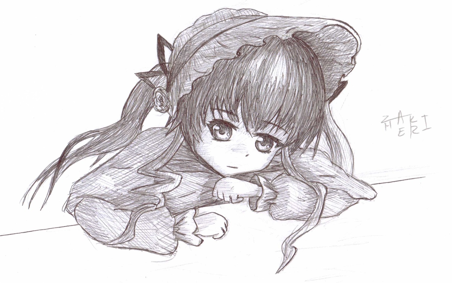 1girl bow crescent graphite_(medium) greyscale image long_hair long_sleeves looking_at_viewer lying monochrome on_stomach patchouli_knowledge shinku solo striped striped_background traditional_media vertical_stripes