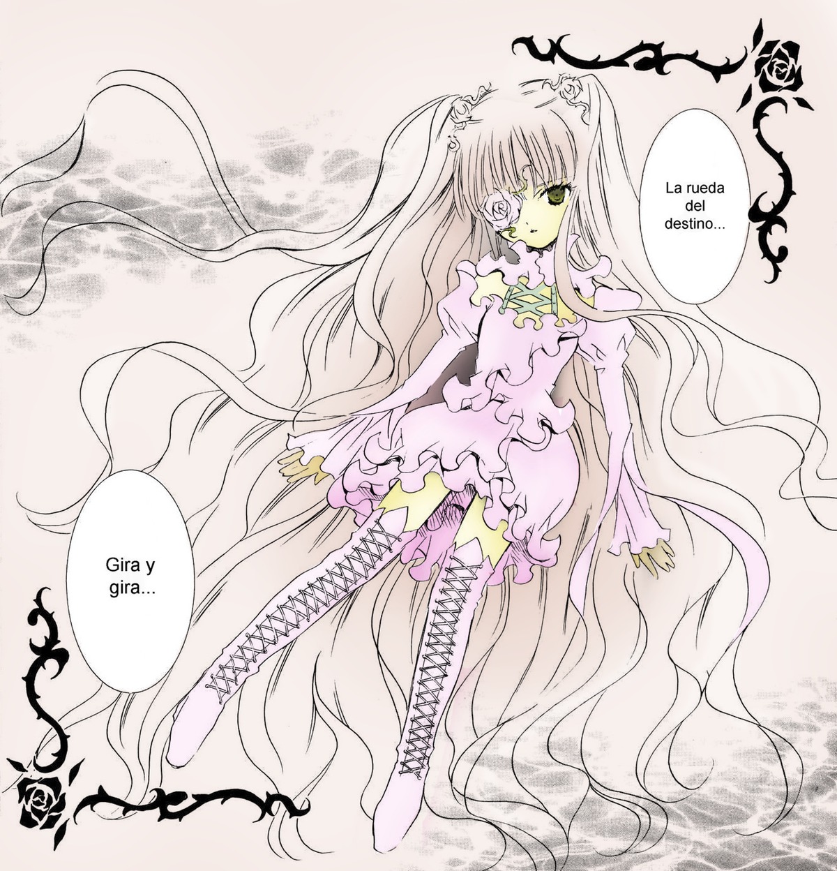 1girl auto_tagged boots cross-laced_footwear dress eyepatch flower frills full_body hair_flower image kirakishou knee_boots lace-up_boots long_hair pink_hair rose solo thigh_boots thighhighs very_long_hair white_footwear yellow_eyes zettai_ryouiki