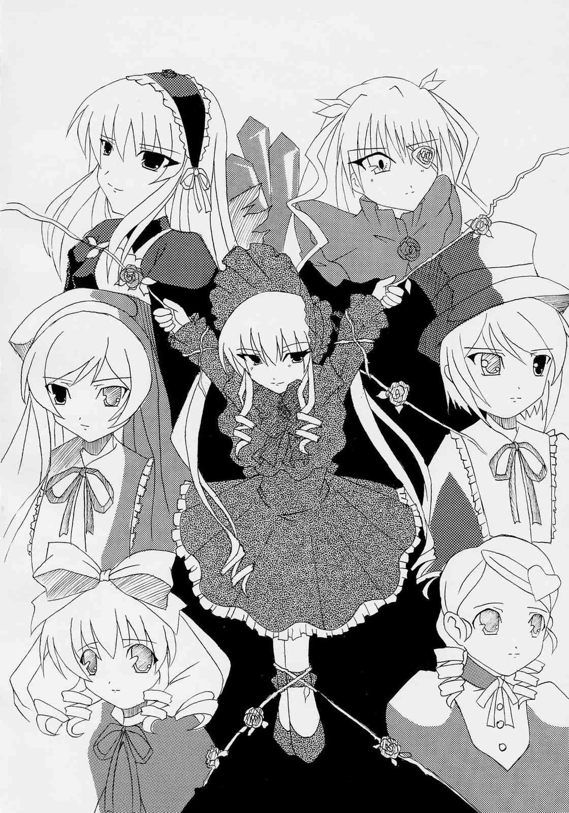 1girl bow dress drill_hair greyscale hat hina_ichigo image long_hair long_sleeves looking_at_viewer monochrome multiple shinku standing suigintou suiseiseki tagme very_long_hair wings