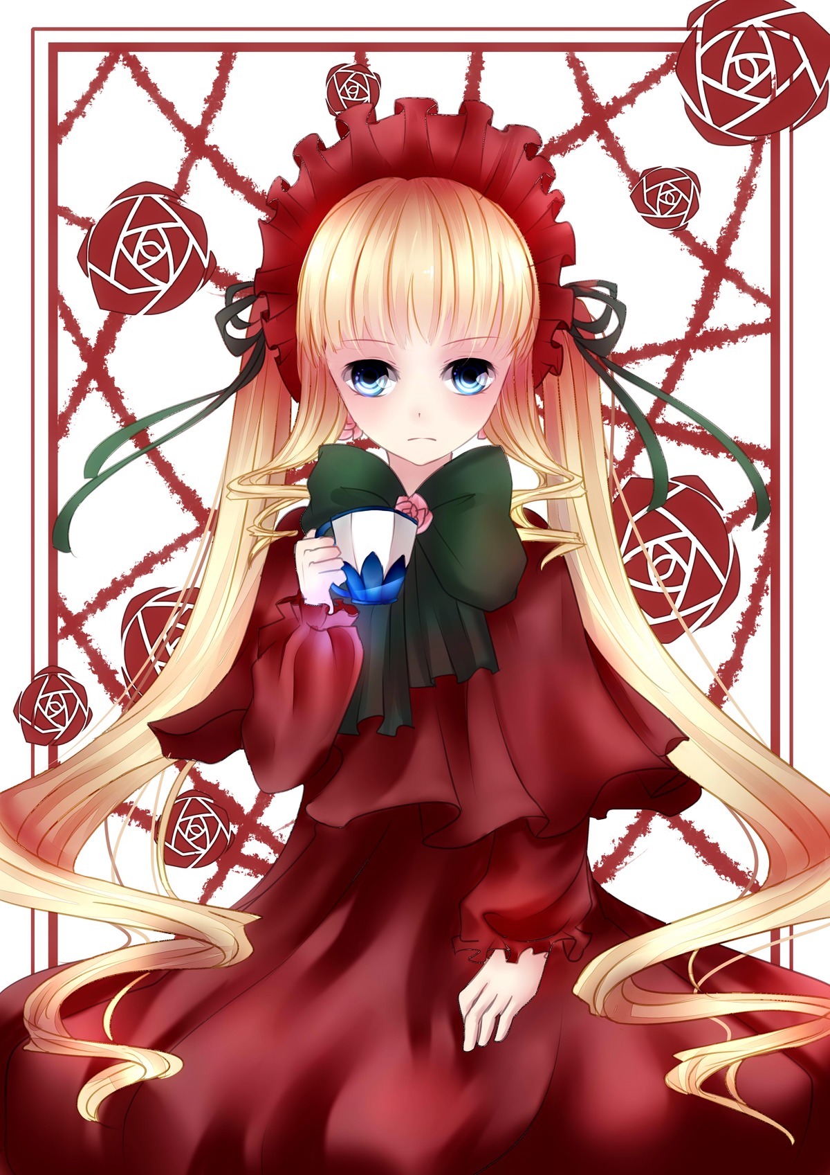 1girl blonde_hair blue_eyes bonnet bow cup dress flower image long_hair long_sleeves looking_at_viewer red_dress rose shinku solo twintails very_long_hair