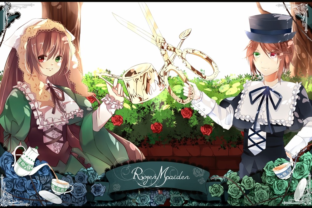 2girls blue_rose brown_hair dress flower frills green_dress green_eyes hat heterochromia image letterboxed lolita_fashion long_hair long_sleeves multiple_girls pair red_eyes red_flower rose scissors short_hair siblings sisters smile souseiseki suiseiseki top_hat twins twintails very_long_hair watering_can