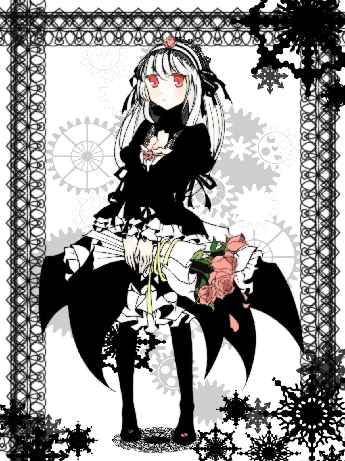 1girl dress flower frills hairband image lolita_fashion long_hair long_sleeves looking_at_viewer red_eyes red_flower red_rose ribbon rose solo suigintou wings