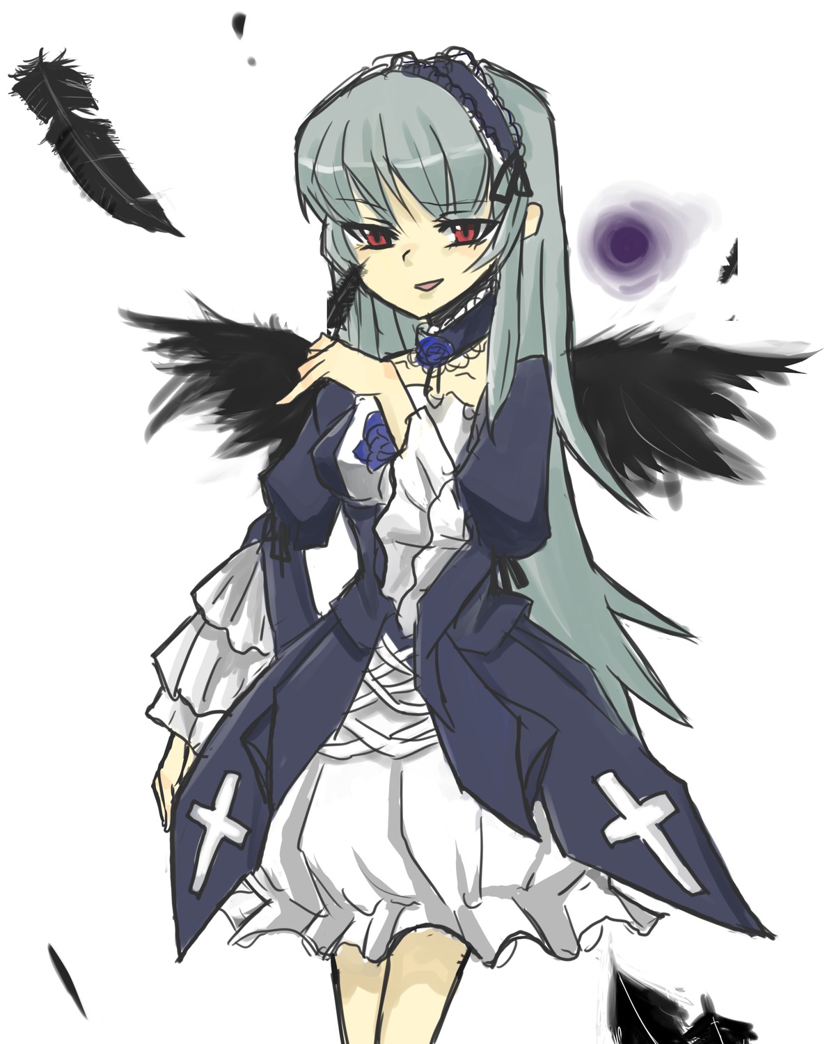 1girl black_wings detached_collar dress feathers frills hairband image long_hair long_sleeves looking_at_viewer open_mouth red_eyes rose silver_hair simple_background smile solo suigintou white_background wings
