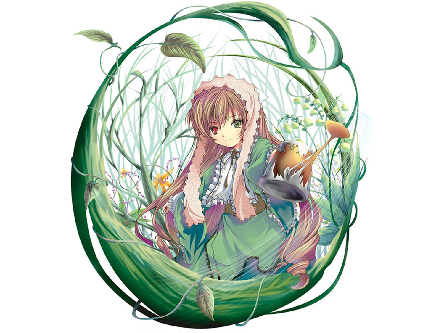 1girl brown_hair dress flower frills green_dress green_eyes heterochromia image long_hair long_sleeves looking_at_viewer plant red_eyes smile solo suiseiseki very_long_hair vines watering_can