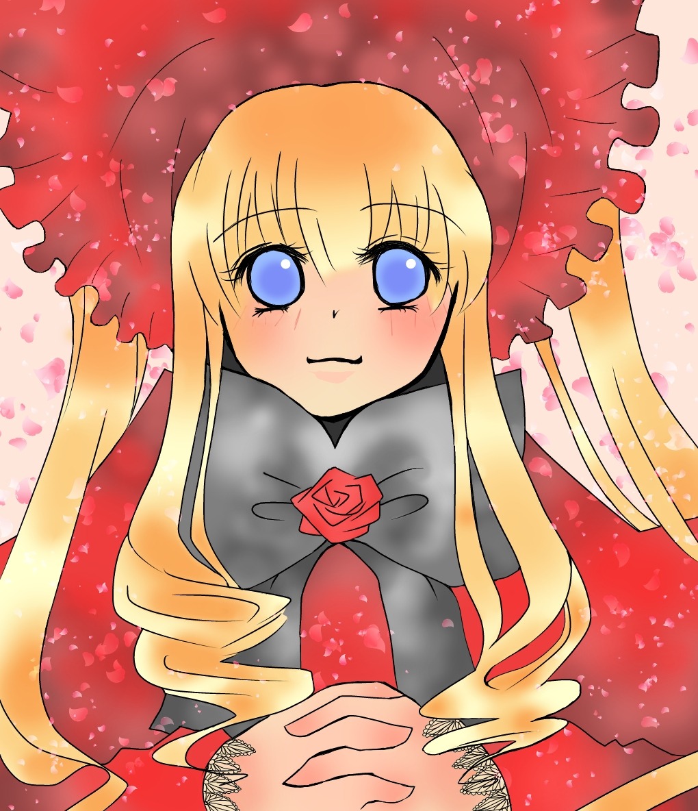 1girl blonde_hair blue_eyes blush capelet dress flower image long_hair long_sleeves looking_at_viewer petals red_flower rose rose_petals shinku smile solo twintails upper_body