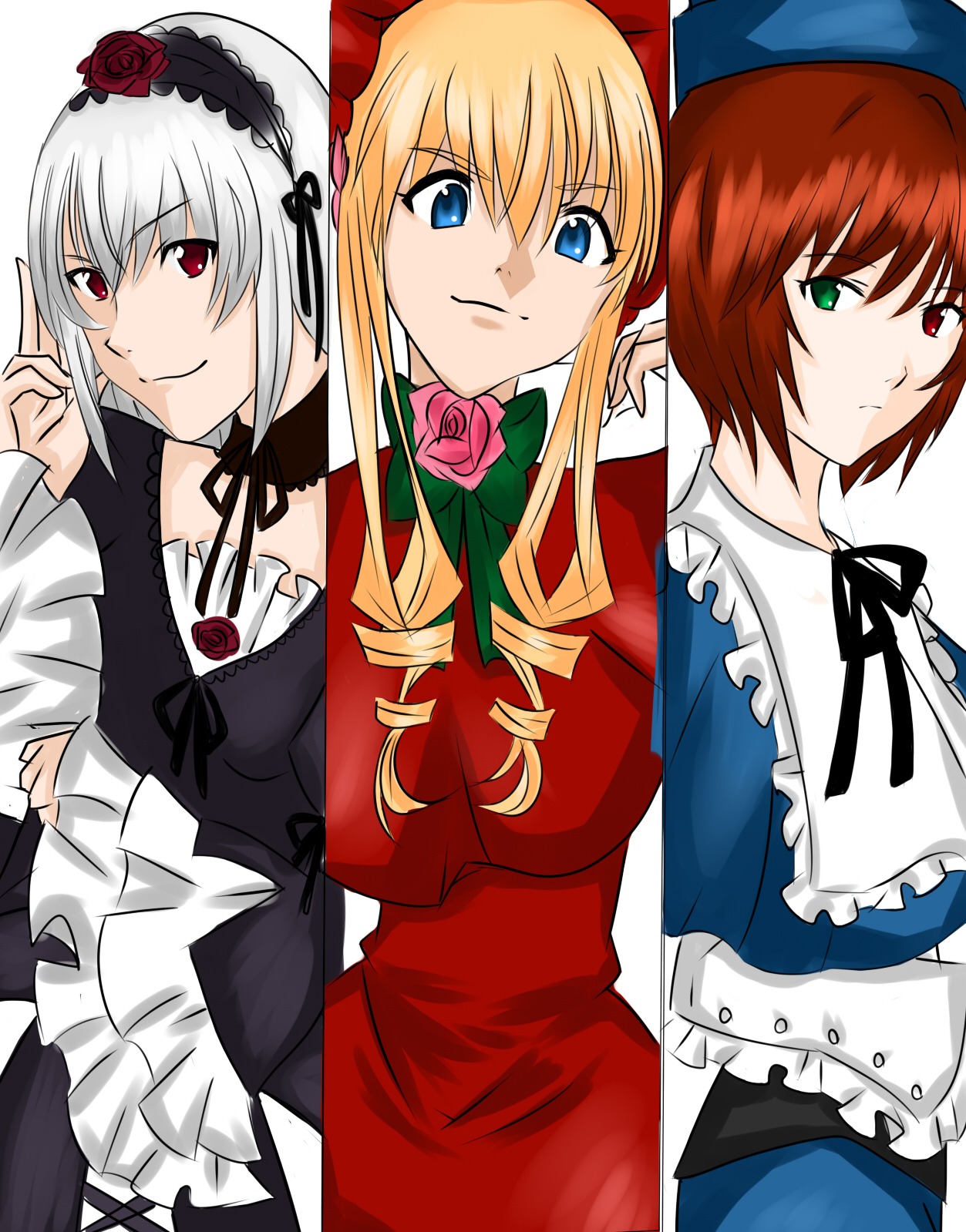 blonde_hair blue_eyes bow dress flower frills green_eyes heterochromia image long_hair long_sleeves multiple multiple_girls red_eyes red_flower red_rose rose shinku silver_hair smile souseiseki suigintou tagme