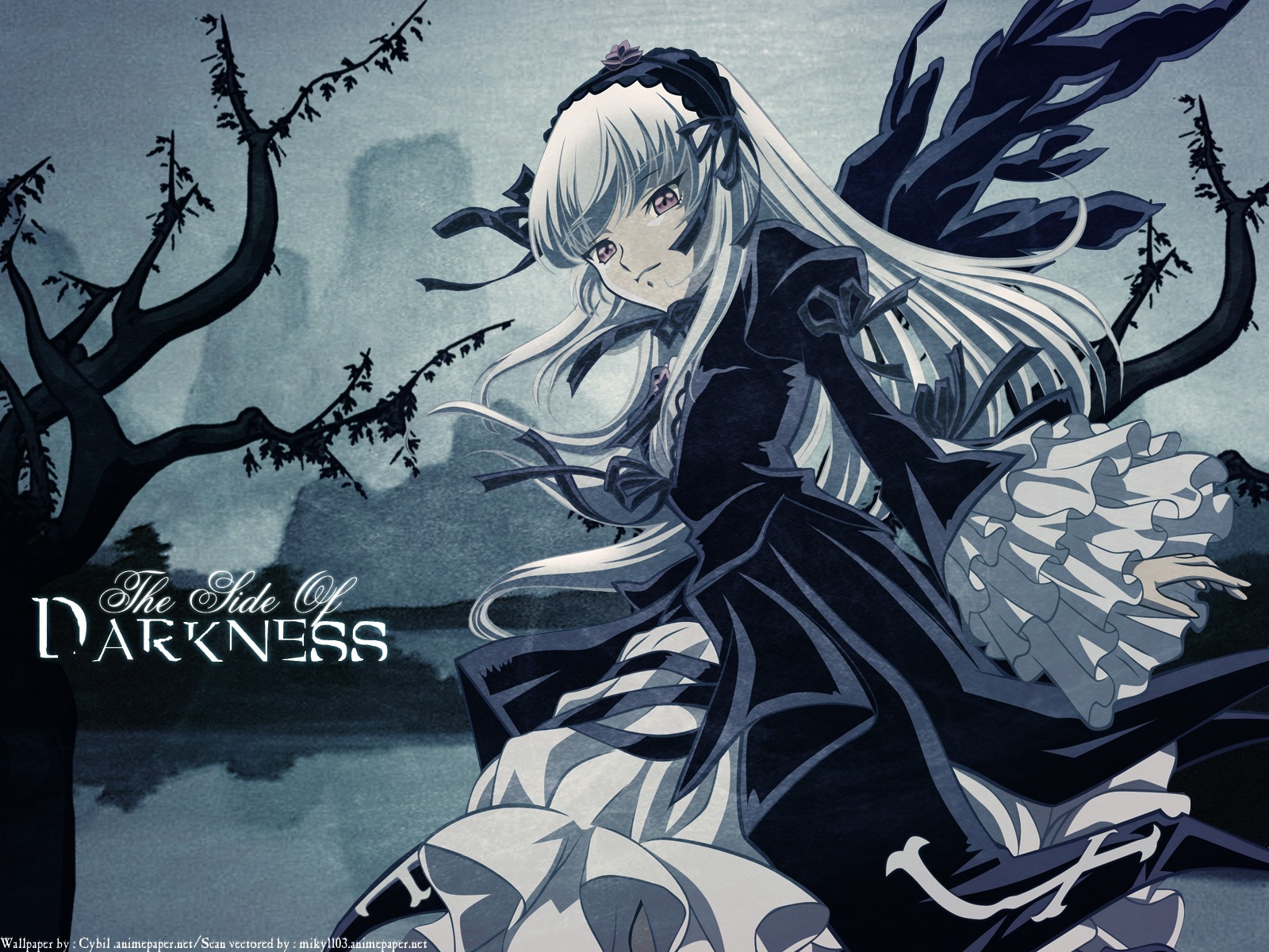 1girl black_wings dress flower frilled_sleeves frills hairband image long_hair long_sleeves looking_at_viewer pink_eyes rose silver_hair solo suigintou tree very_long_hair wings