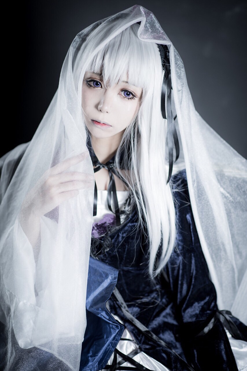 1girl bangs blue_eyes bridal_veil dress lips long_hair looking_at_viewer parted_lips see-through solo suigintou veil