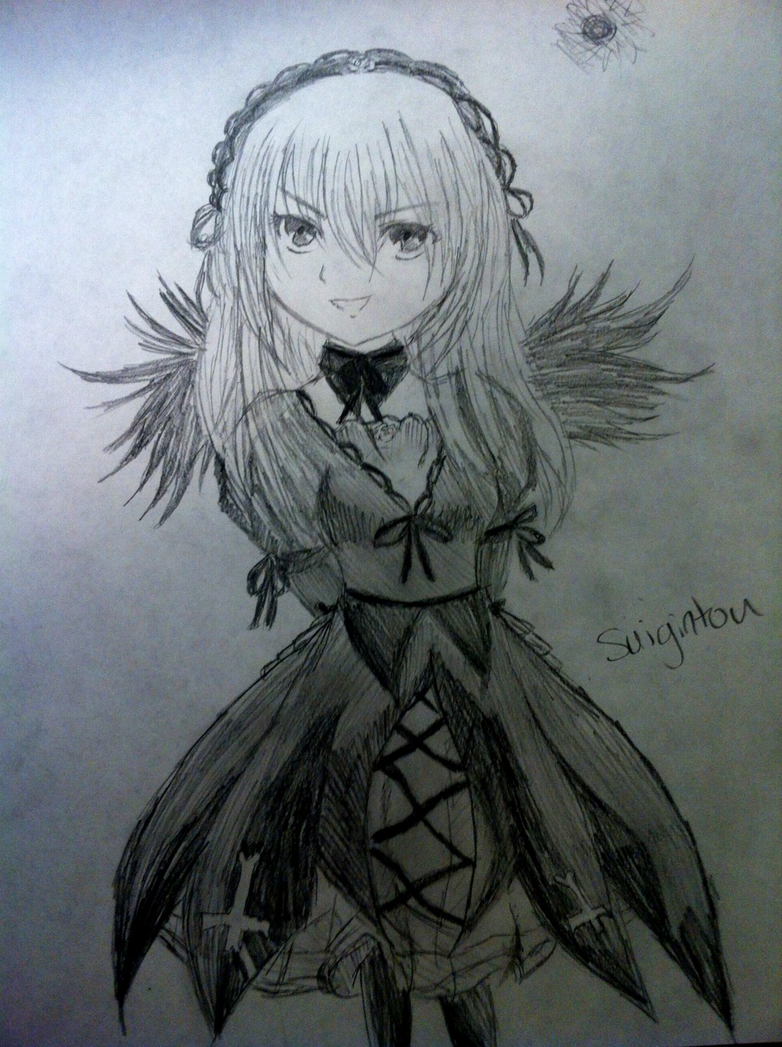 1girl dress flower greyscale image long_hair long_sleeves looking_at_viewer monochrome smile solo standing suigintou traditional_media wings