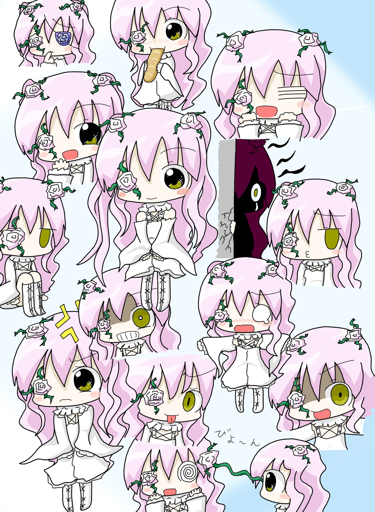 1girl angry blush chibi dress expression_chart expressions hat image kirakishou long_hair pout solo surprised sweatdrop tears