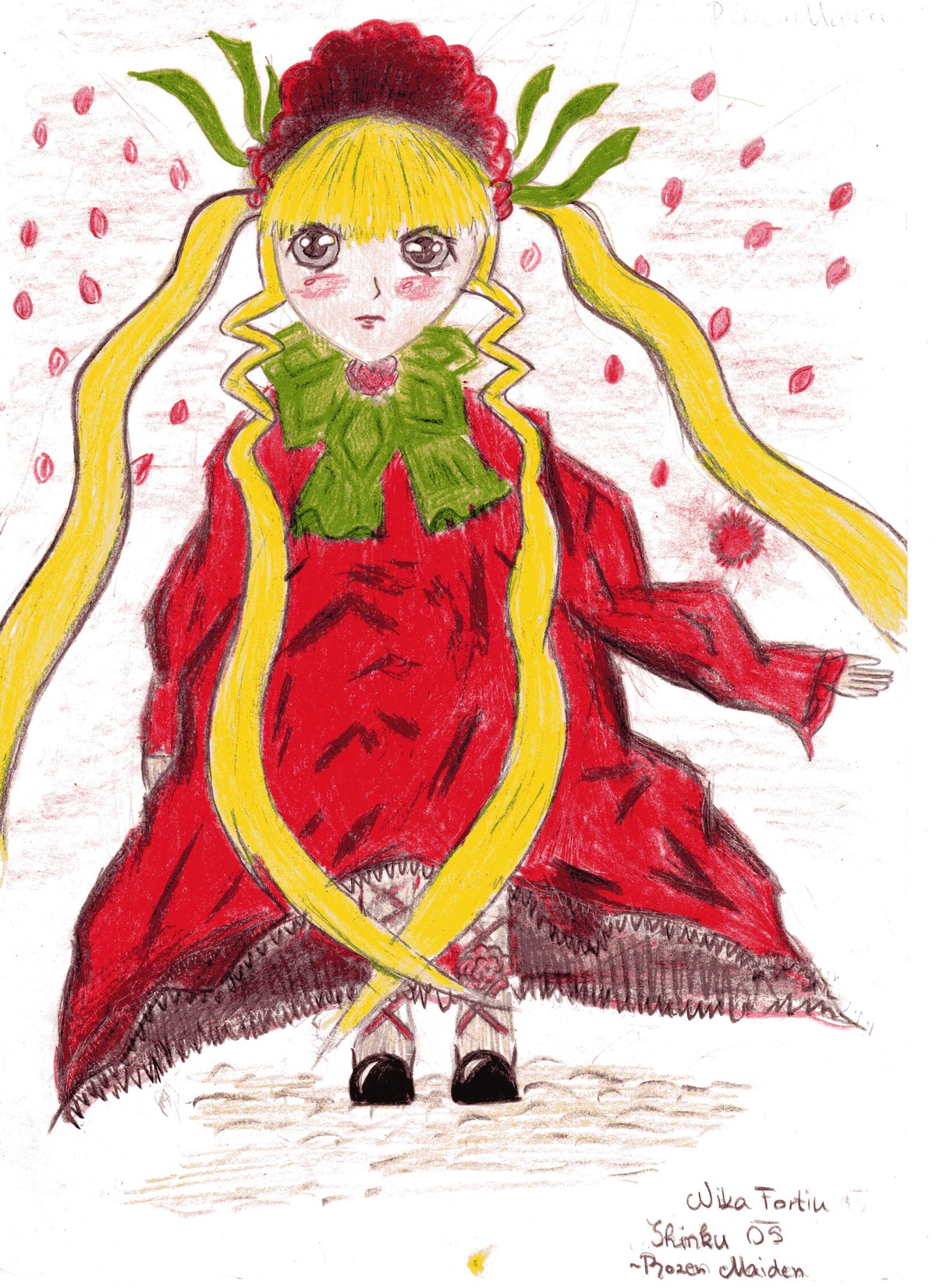 1girl artist_name blonde_hair bow bowtie dated dress green_bow green_neckwear image long_hair long_sleeves looking_at_viewer petals red_dress shinku solo twintails very_long_hair
