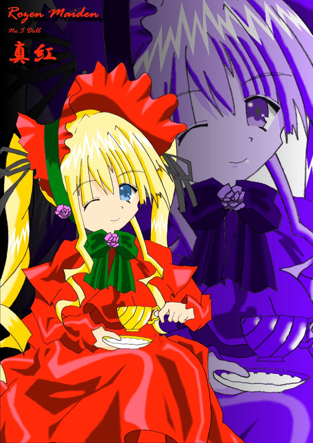;) blonde_hair blue_eyes bonnet bow bowtie cup dress frills image long_hair long_sleeves looking_at_viewer multiple_girls one_eye_closed red_dress shinku smile solo teacup twintails zoom_layer