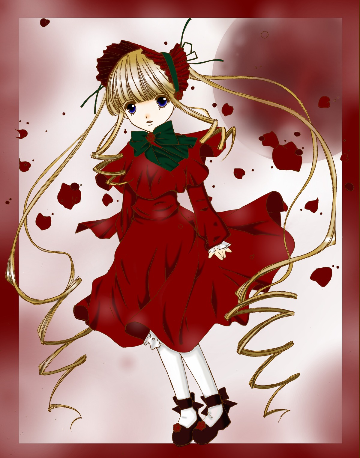 1girl blonde_hair blue_eyes bonnet bow bowtie capelet dress flower full_body green_bow image long_hair long_sleeves looking_at_viewer pantyhose petals red_dress shinku shoes solo twintails white_legwear