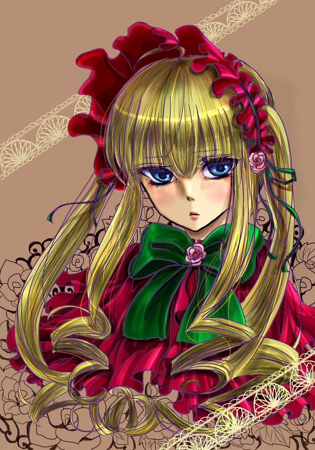 1girl blonde_hair blue_eyes blush bonnet bow bowtie brown_background dress drill_hair flower green_bow image long_hair looking_at_viewer pink_flower pink_rose rose shinku simple_background solo