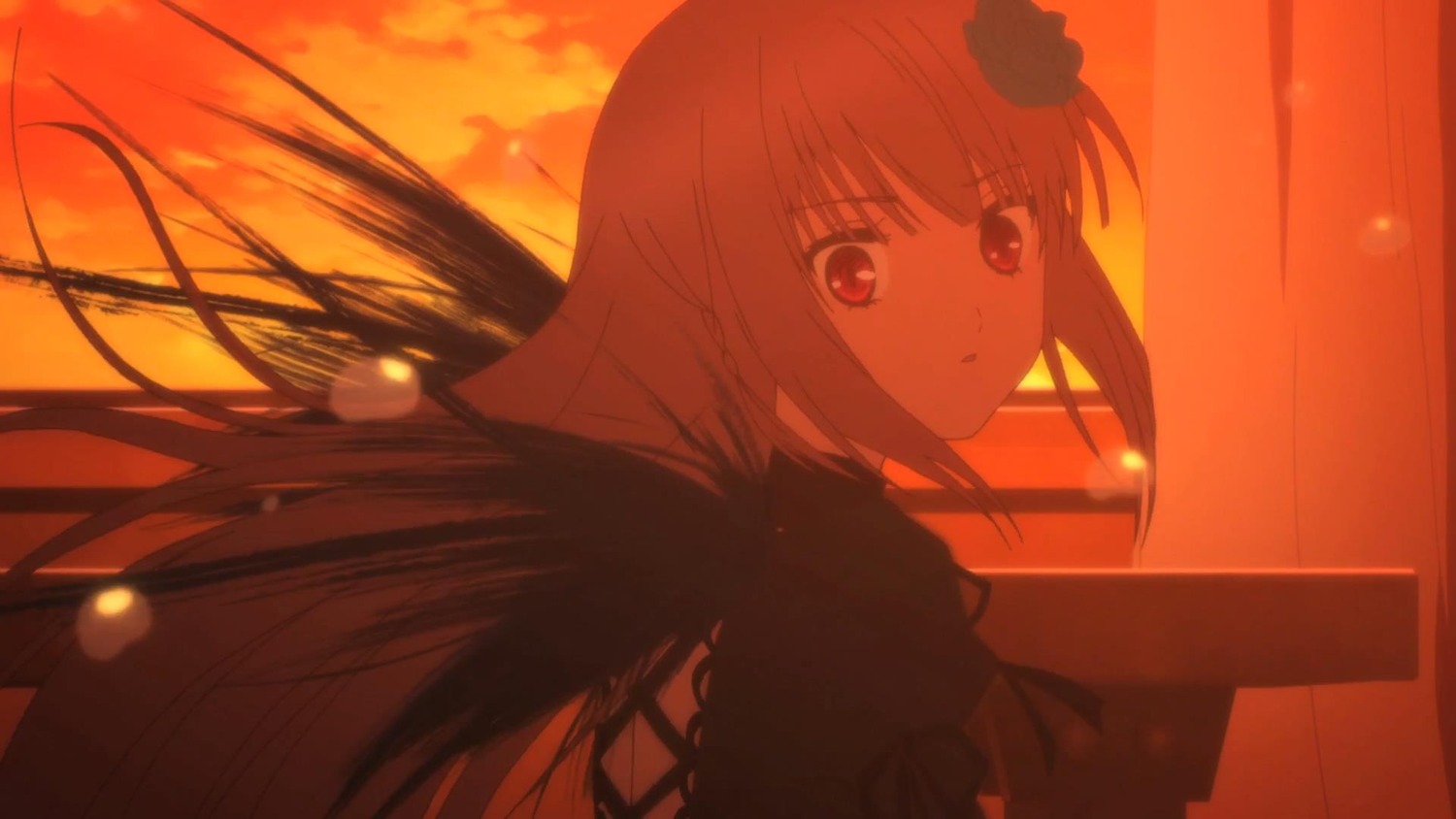 1girl bangs cloud evening eyebrows_visible_through_hair floating_hair flower hair_flower hair_ornament image long_hair looking_at_viewer outdoors rose sky solo suigintou sunset upper_body
