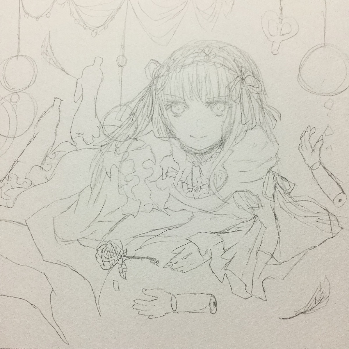 1girl choker dress flower image jewelry looking_at_viewer monochrome ribbon rose sketch smile solo suigintou traditional_media