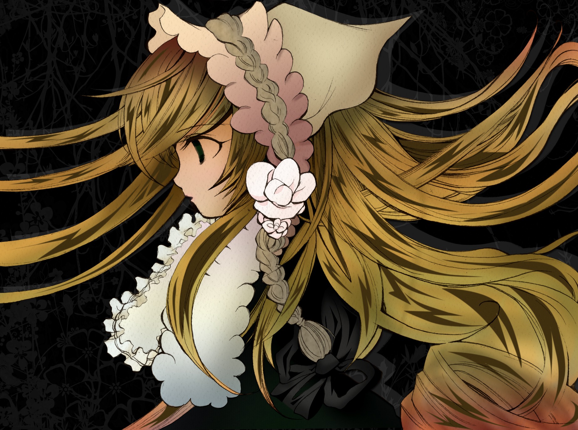 1girl black_background blonde_hair braid brown_hair closed_eyes floating_hair flower frills hair_flower hair_ornament image long_hair profile solo suiseiseki very_long_hair