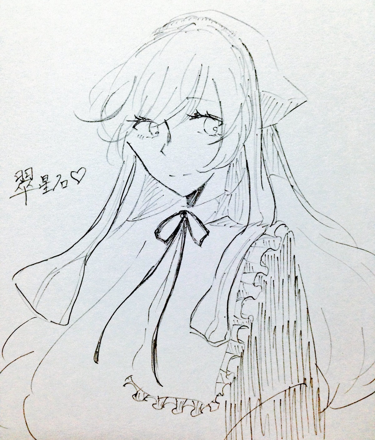 1girl apron bangs closed_mouth eyebrows_visible_through_hair frilled_apron frills image long_hair looking_at_viewer monochrome photo smile solo suiseiseki traditional_media upper_body