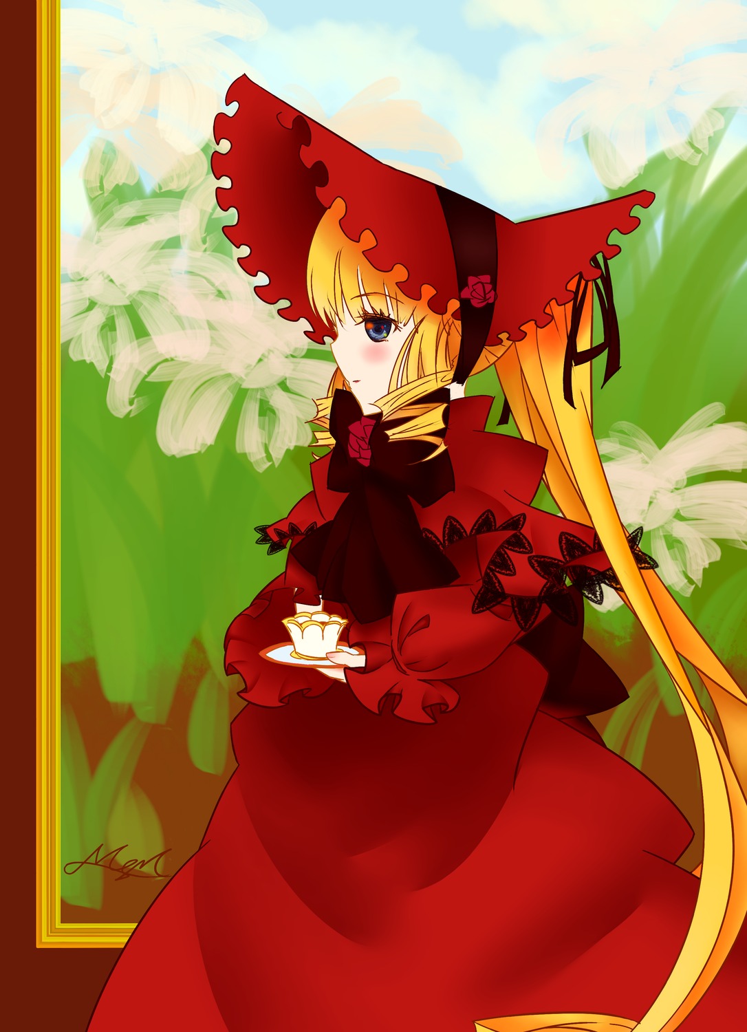 1girl blonde_hair blue_eyes blush bonnet bow capelet dress flower image long_hair long_sleeves red_dress shinku solo twintails very_long_hair