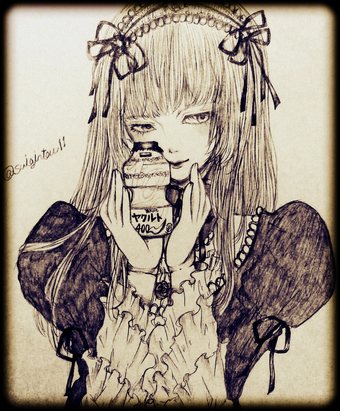 1girl bangs black_border closed_mouth cup dress frilled_hairband frills gothic_lolita hairband holding image letterboxed lolita_fashion lolita_hairband long_hair long_sleeves looking_at_viewer monochrome photo ribbon shikishi solo suigintou traditional_media upper_body