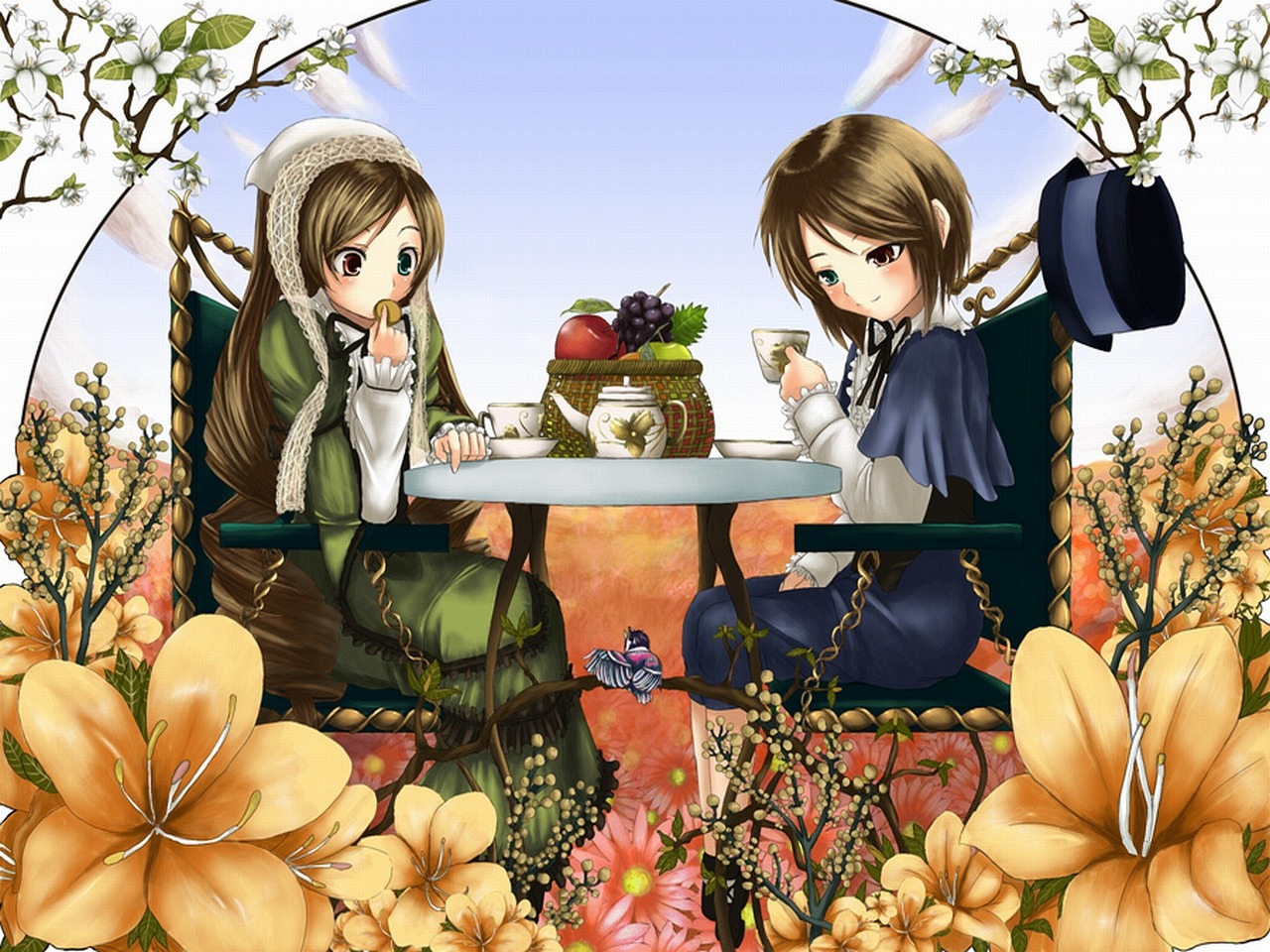 2girls braid brown_eyes brown_hair chiko_(kanhogo) dress flower food frills hat heterochromia image long_hair long_sleeves looking_at_viewer multiple_girls outdoors pair rozen_maiden short_hair siblings sisters souseiseki suiseiseki tea twins very_long_hair watering_can