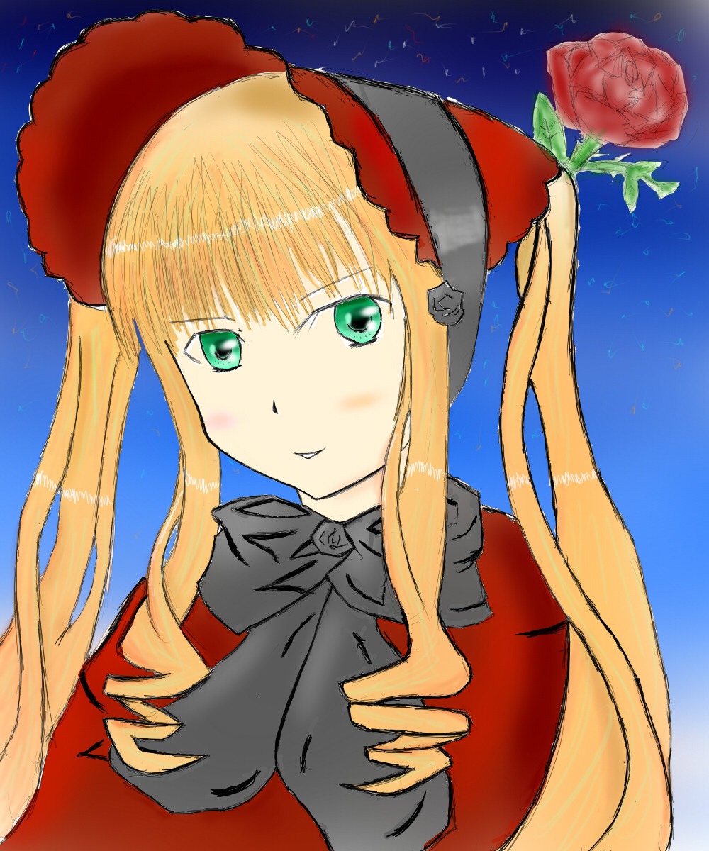 1girl blonde_hair blue_background blush bonnet drill_hair flower green_eyes image long_hair long_sleeves looking_at_viewer red_flower red_rose rose shinku sidelocks smile solo twintails upper_body