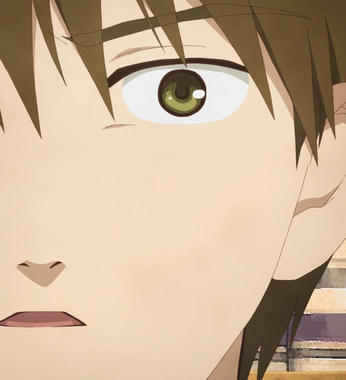 1girl brown_hair close-up face hair_between_eyes human looking_at_viewer sakurada_jun screenshot simple_background solo