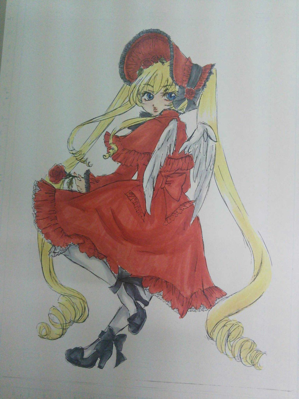 1girl blonde_hair blue_eyes bonnet bow dress drill_hair flower full_body image long_hair looking_at_viewer red_dress ringlets rose shinku shoes solo standing traditional_media twin_drills twintails very_long_hair