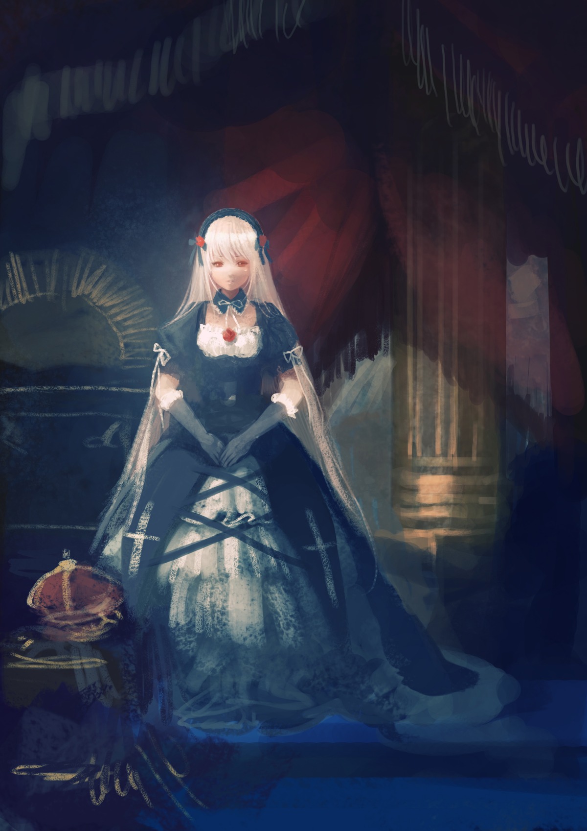 1girl absurdres bad_id bad_pixiv_id crown dress elbow_gloves flower gloves hairband highres image long_hair long_sleeves looking_at_viewer painterly photoshop_(medium) red_eyes rozen_maiden sitting solo standing suigintou white_hair yoru_(xueyinye)