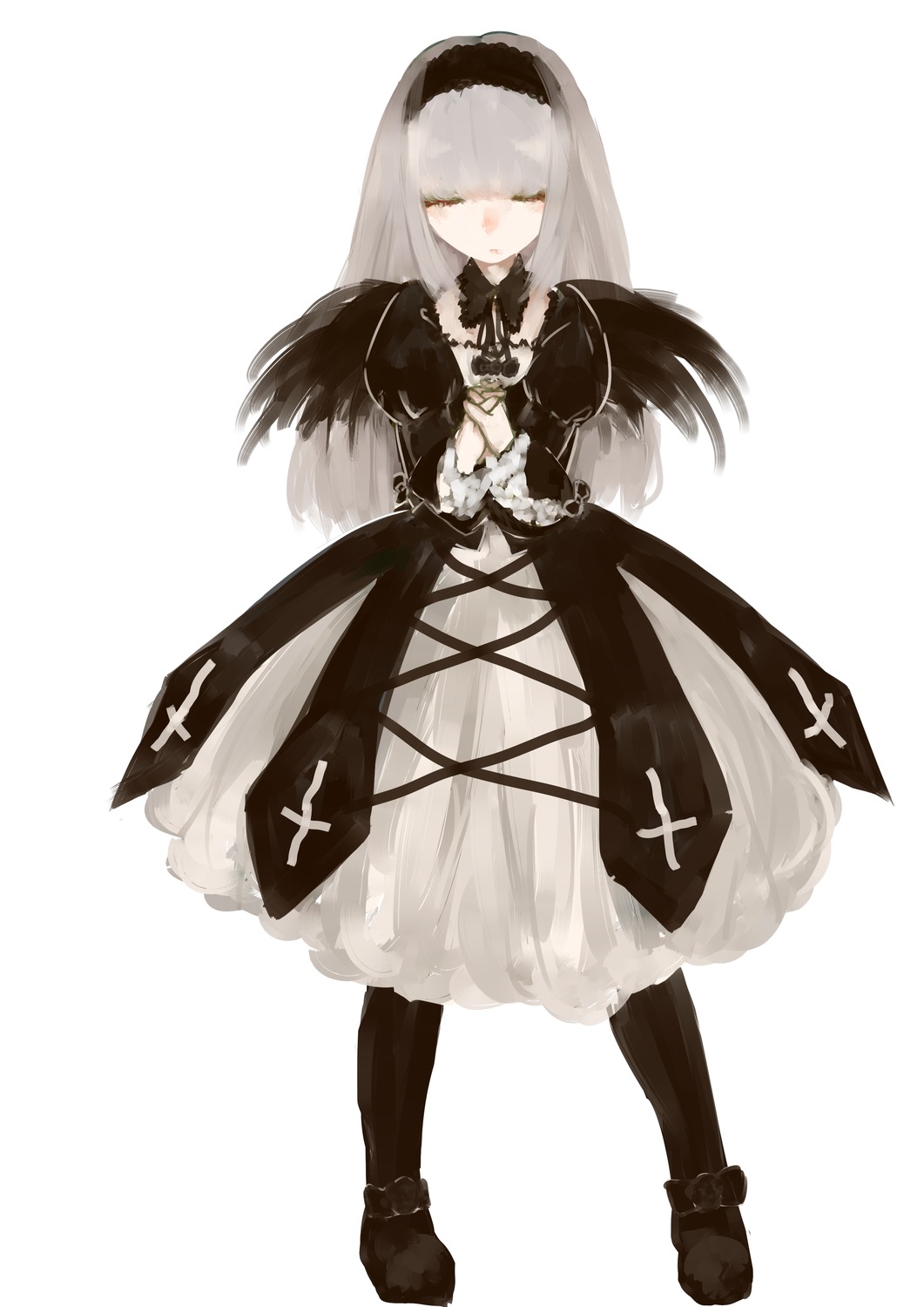1girl bangs black_wings blunt_bangs boots dress full_body hairband image long_hair long_sleeves pantyhose silver_hair simple_background solo standing striped suigintou vertical_stripes white_background wings