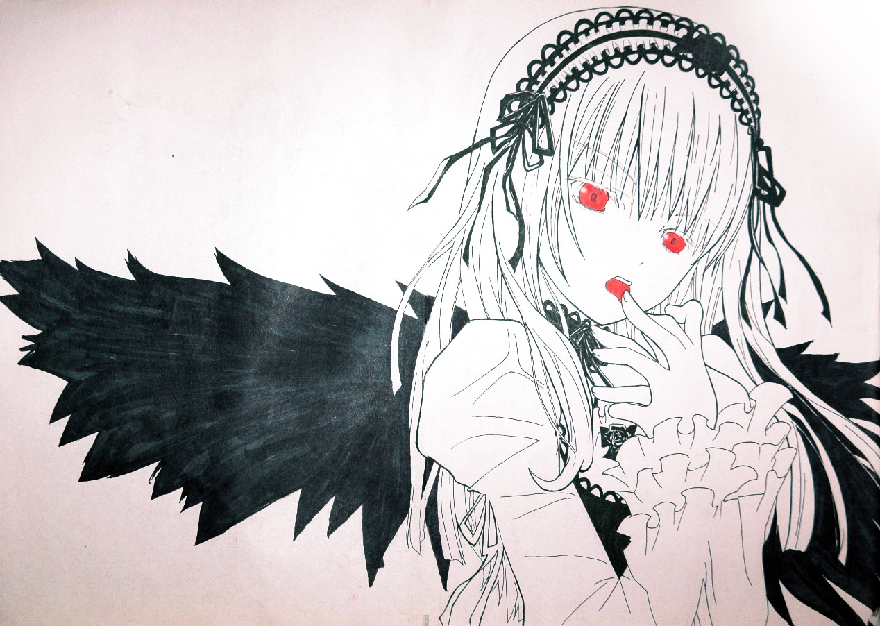 1girl bangs black_wings dress eyebrows_visible_through_hair feathered_wings frills hairband image long_hair long_sleeves looking_at_viewer open_mouth red_eyes ribbon solo suigintou tongue traditional_media upper_body wings