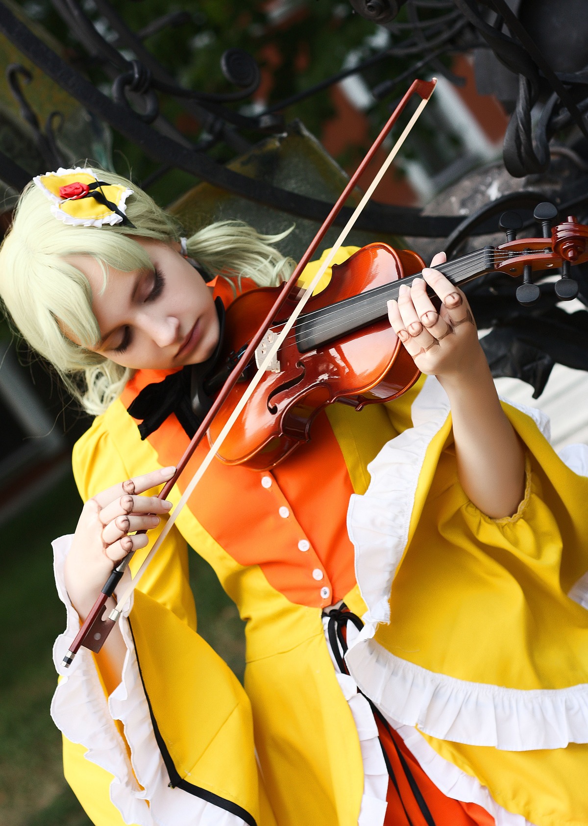 1girl bass_guitar blurry bow_(instrument) closed_eyes dress electric_guitar frills guitar hair_ornament holding_instrument instrument kanaria music playing_instrument plectrum solo violin white_hair