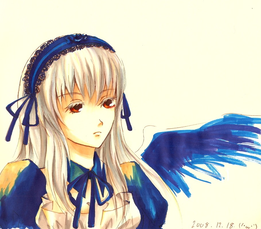 1girl bangs black_wings blue_ribbon feathered_wings feathers frills hairband image long_hair long_sleeves looking_at_viewer neck_ribbon puffy_sleeves red_eyes ribbon simple_background solo suigintou upper_body wings