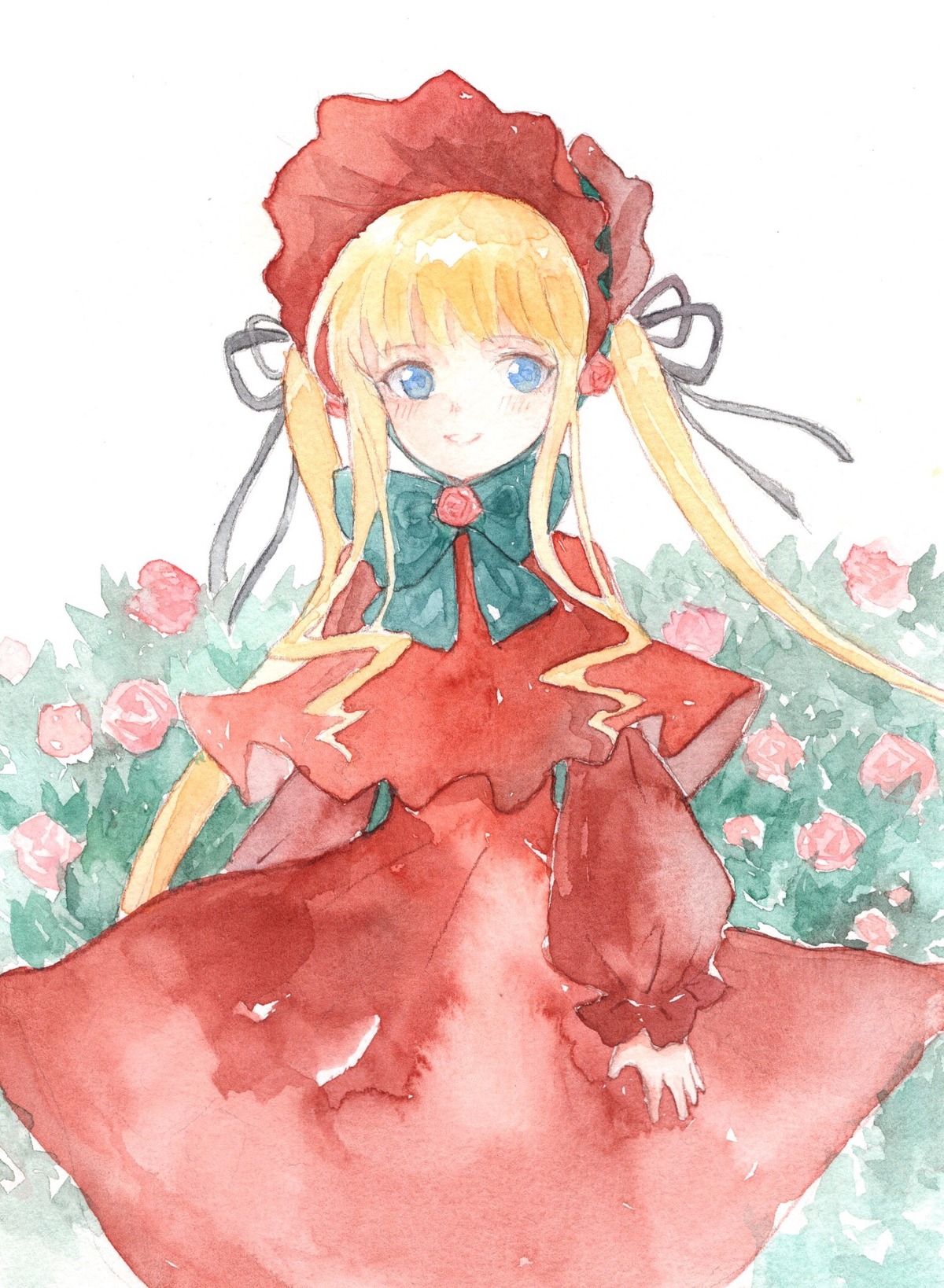 1girl blonde_hair blue_eyes bonnet bow bowtie dress flower green_bow image long_hair long_sleeves looking_at_viewer pink_flower pink_rose red_dress rose shinku sidelocks solo traditional_media twintails watercolor_(medium)