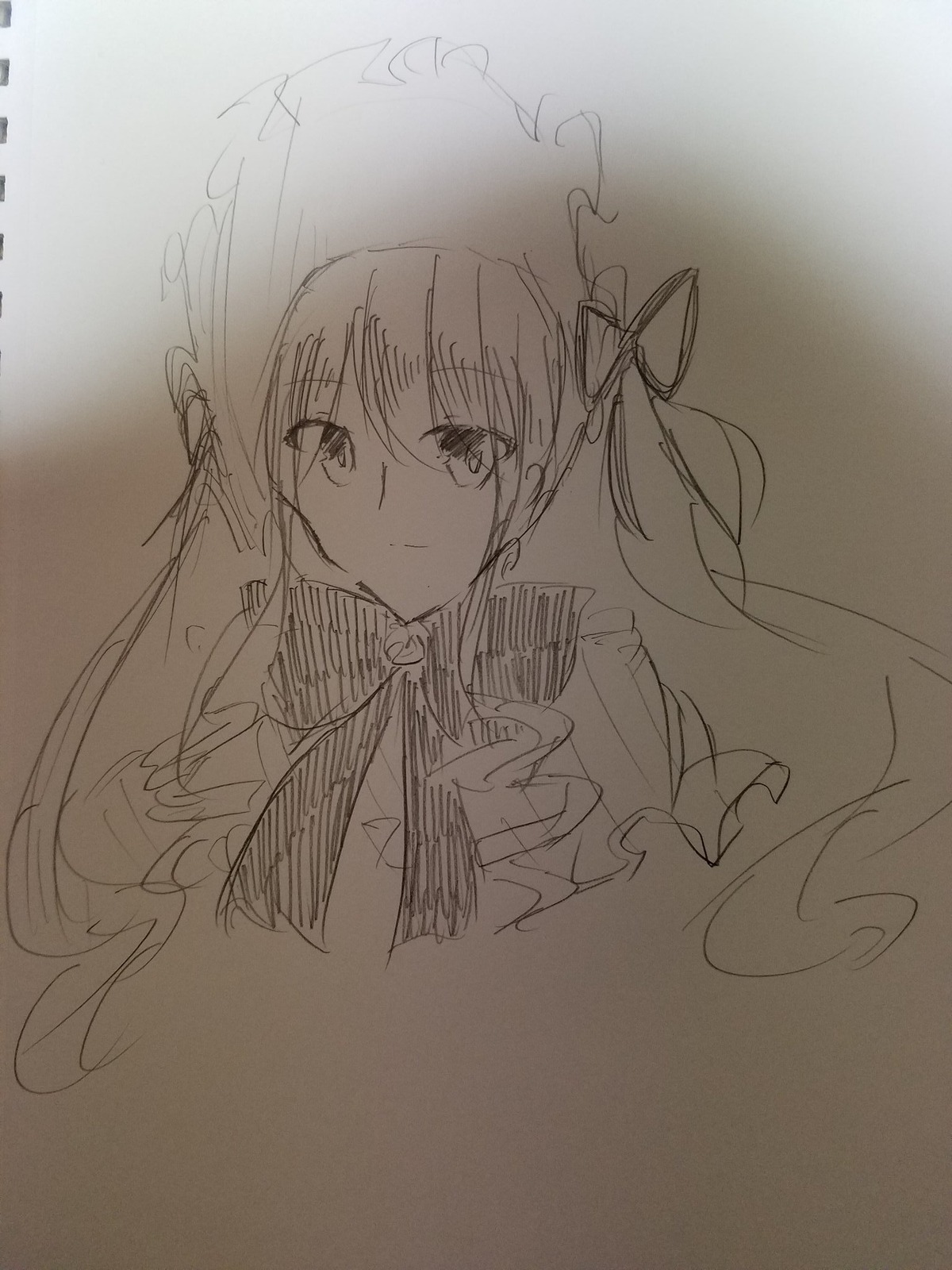 1girl bangs closed_mouth eyebrows_visible_through_hair hair_ribbon image long_hair long_sleeves looking_at_viewer monochrome photo ribbon shinku sketch smile solo traditional_media twintails upper_body