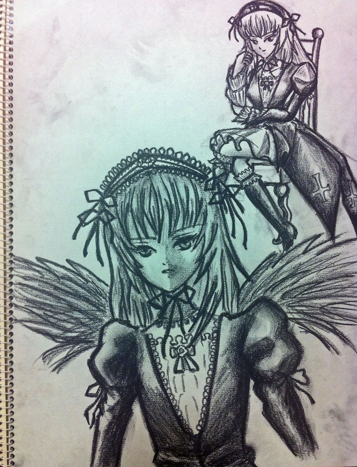 1girl black_wings detached_collar dress flower frills greyscale hairband image long_hair long_sleeves looking_at_viewer monochrome ribbon solo suigintou traditional_media wings