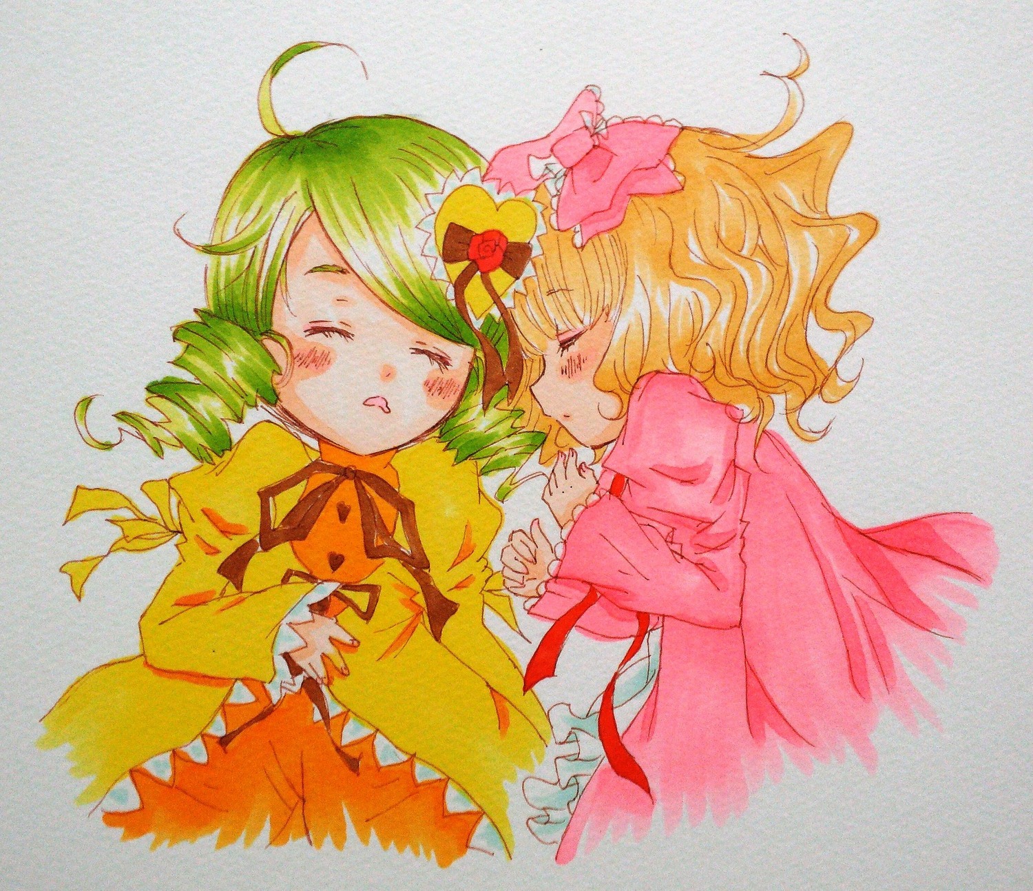 2girls ahoge blonde_hair bow closed_eyes dress flower green_hair hair_flower hair_ornament hinaichigo image kanaria multiple_girls pair ribbon short_hair sleeping traditional_media