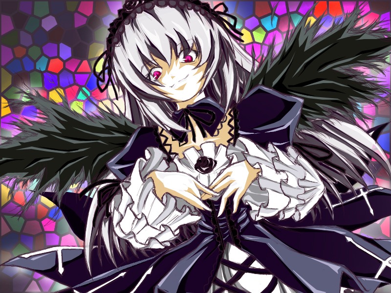 1girl black_dress black_ribbon black_wings detached_collar dress flower frilled_sleeves frills hairband image lolita_hairband long_hair long_sleeves looking_at_viewer pink_eyes ribbon silver_hair smile solo stained_glass suigintou wings