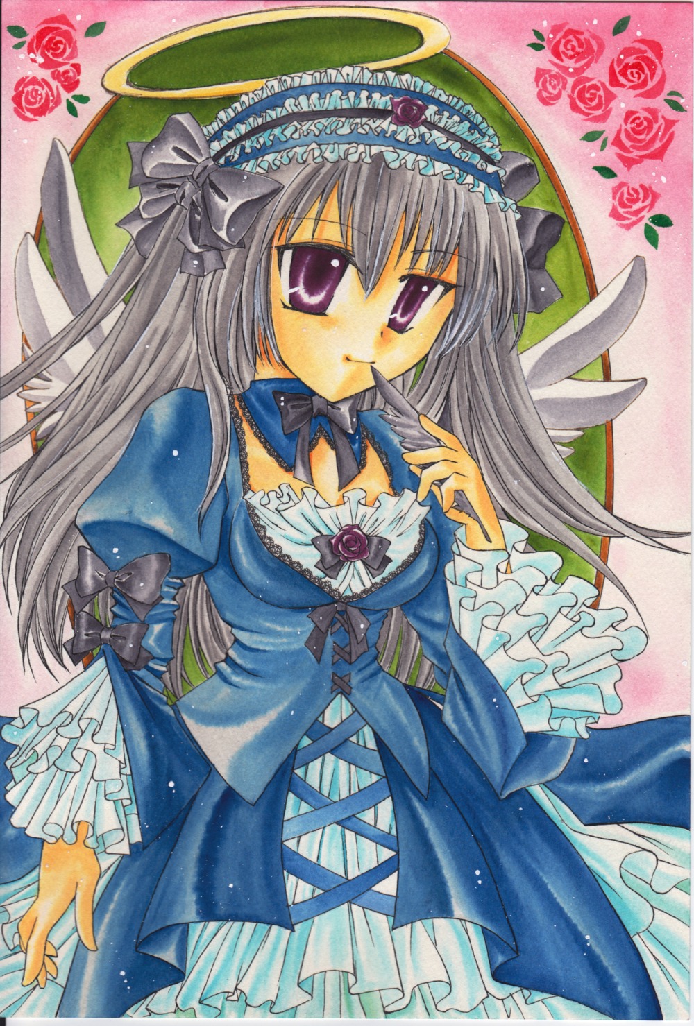 1girl auto_tagged bow dress flower frills hairband halo image lolita_fashion long_hair marker_(medium) mouth_hold pink_rose purple_eyes red_flower red_rose rose shikishi silver_hair solo suigintou traditional_media wings