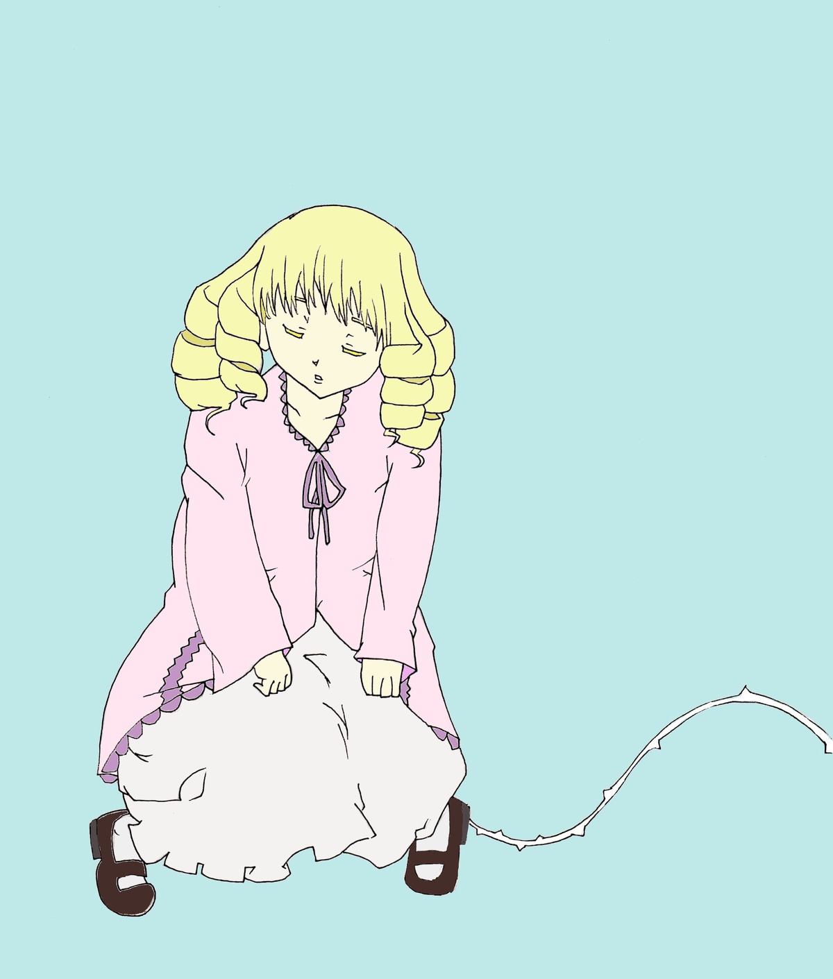 1girl blonde_hair blue_background closed_eyes dress drill_hair full_body hina_ichigo hinaichigo image long_sleeves mary_janes pink_dress shoes simple_background sitting solo white_legwear