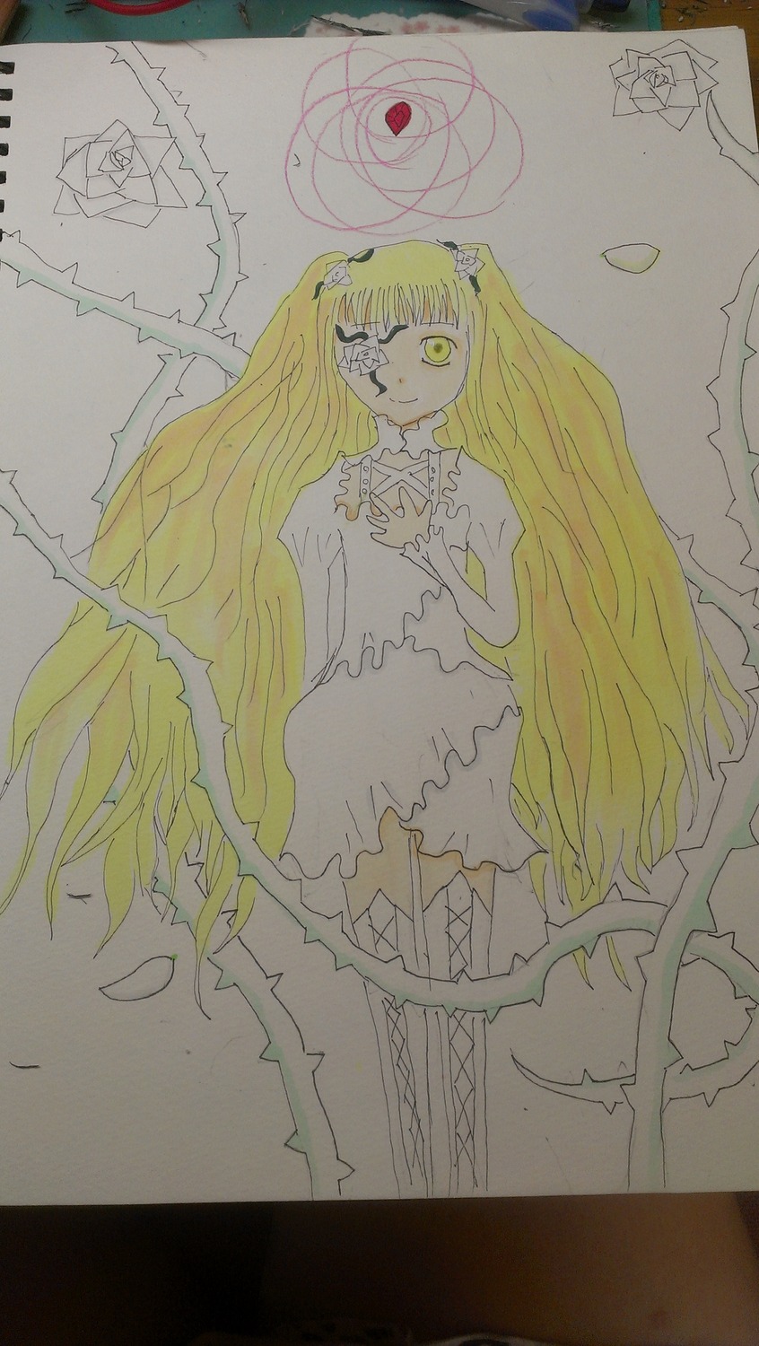 1girl blonde_hair dress flower image kirakishou long_hair solo traditional_media very_long_hair white_dress yellow_eyes