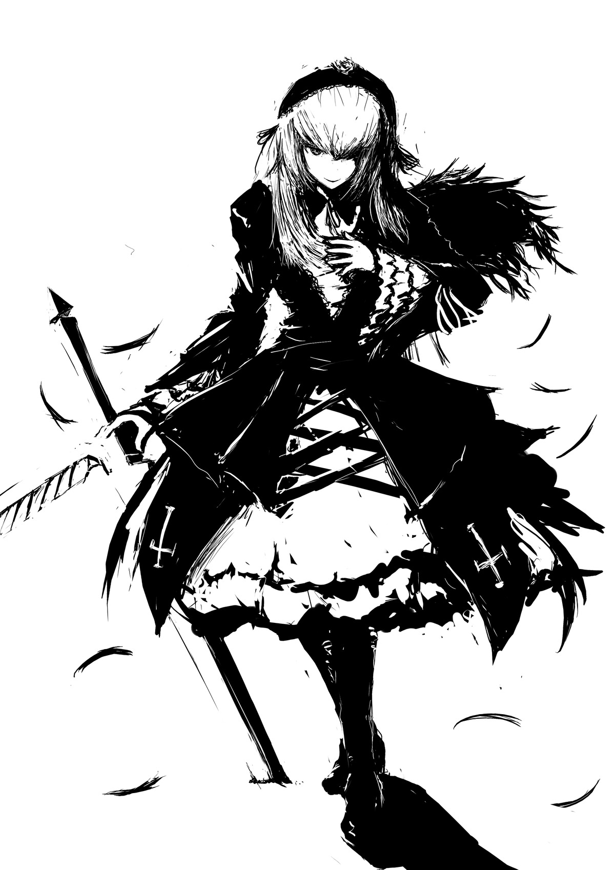 1girl boots closed_mouth dress feathers full_body greyscale holding image long_hair long_sleeves looking_at_viewer monochrome solo standing suigintou white_background